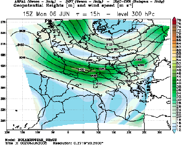 Vitesse des Vents à 350hpa - le 06 juin 2005 en Anjou