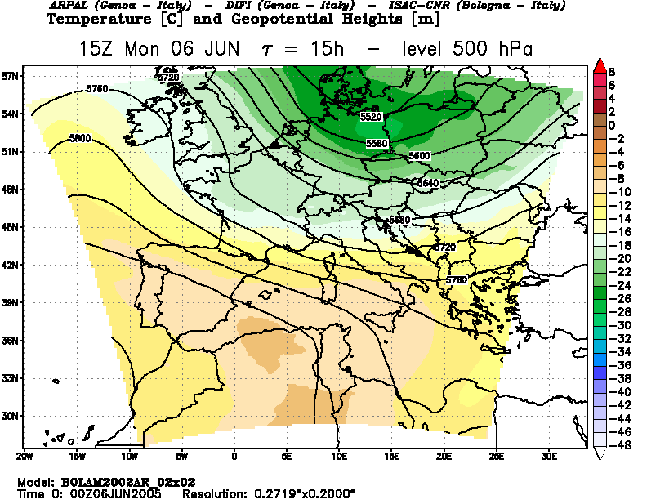 Températures à 500hpa - le 06 juin 2005 en Anjou