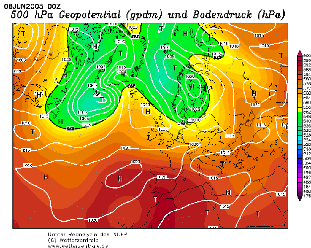 Géopotentiels à 500hpa - le 06 juin 2005 en Anjou