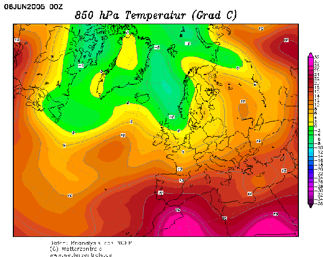 Températures à 850hpa - le 06 juin 2005 en Anjou