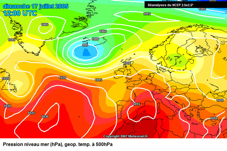 17 juillet 2005 - 12h00 - Géopotentiel à 500hpa