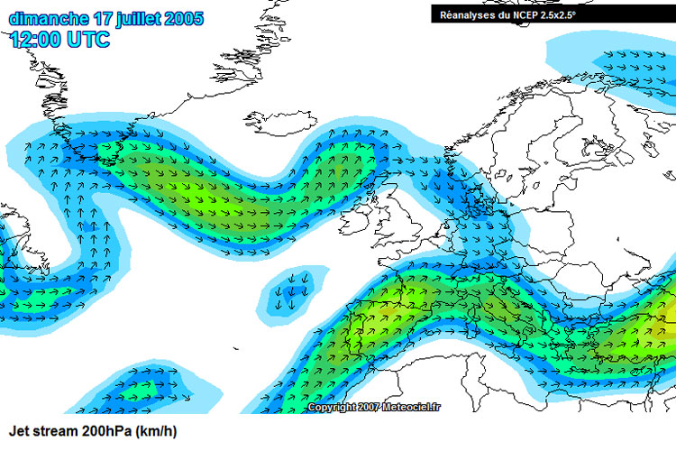 17 juillet 2005 - 12h00 - Jet-stream à 200hpa