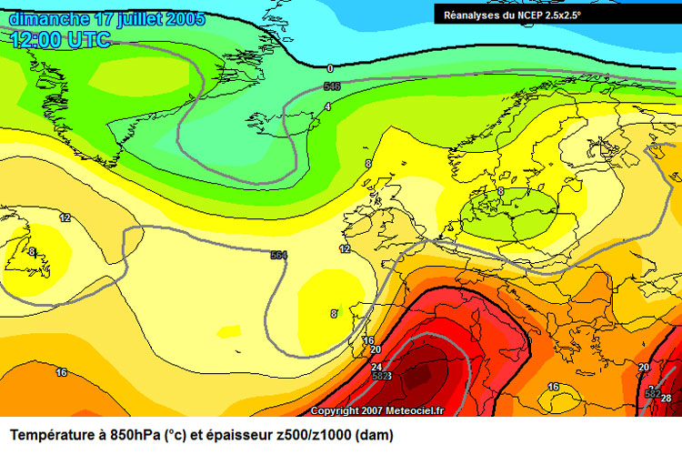 17 juillet 2005 - 12h00 - Température à 850hpa